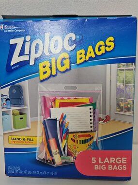 Ziploc Big Bags Double Zipper Large Storage Bags - 5 Pieces 3 gallons Thick NOS